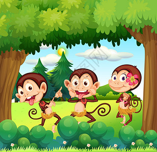 三只猴子在森林里跳舞的插图图片
