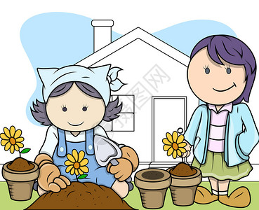 在花园矢量说明概念中绘画卡通幼童种植图片