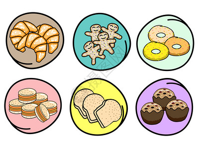 麦凯龙环形框架中新鲜面包甜圈克罗桑布莱德麦卡龙姜插画