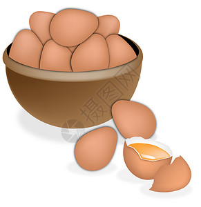布朗碗的新鲜鸡蛋和白种背景的破碎鸡蛋BrownBown图片