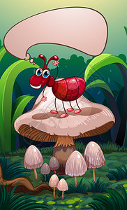 说明一只蚂蚁在蘑菇上方图片