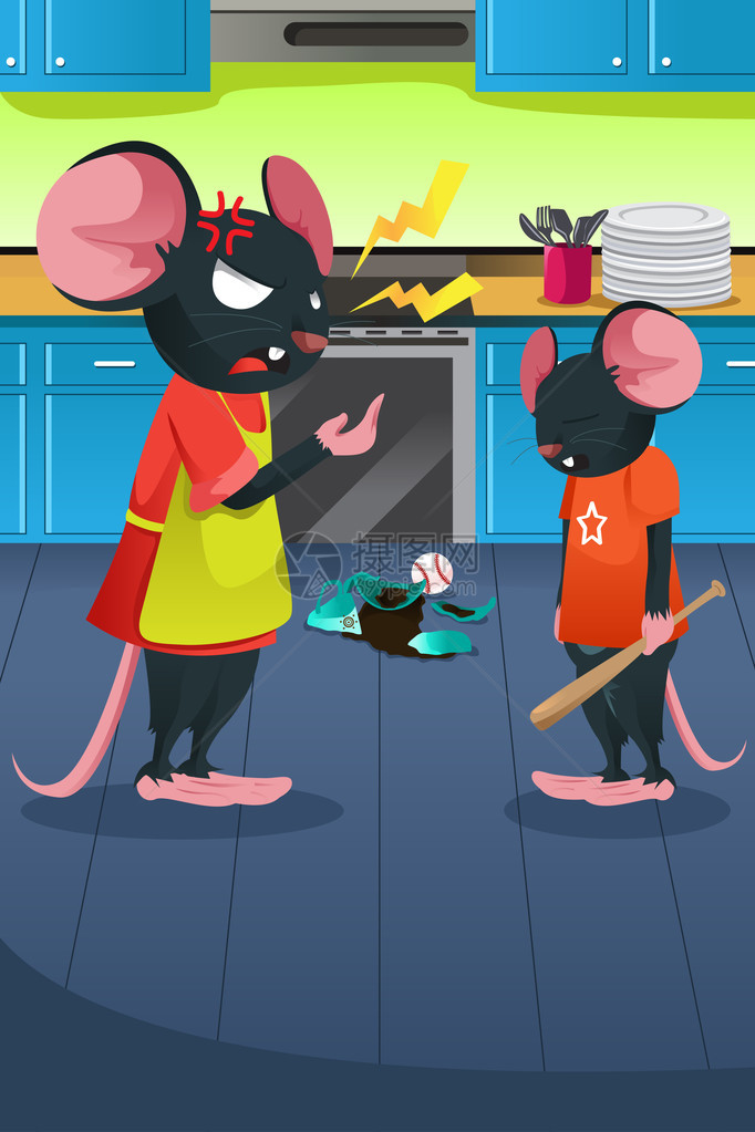 展示愤怒的老鼠在厨房对孩子大喊图片