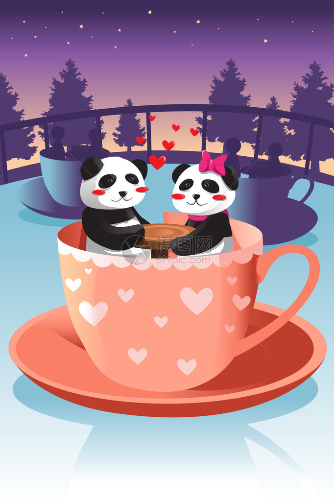 在游乐公园玩茶杯游戏的可爱夫妇熊图片