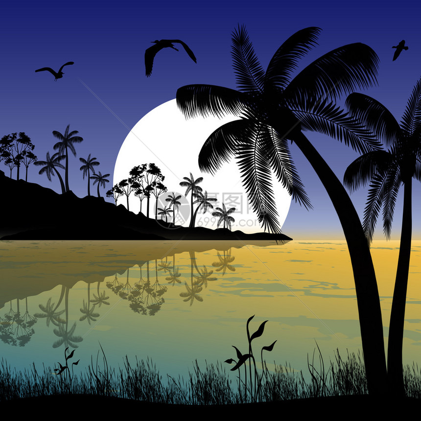 傍晚风景背中的热带海滩矢量图图片