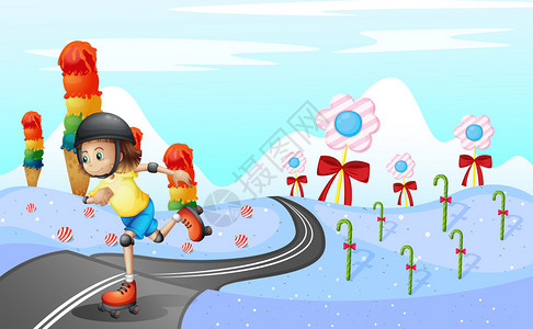一个女孩在路上滑冰的插图图片
