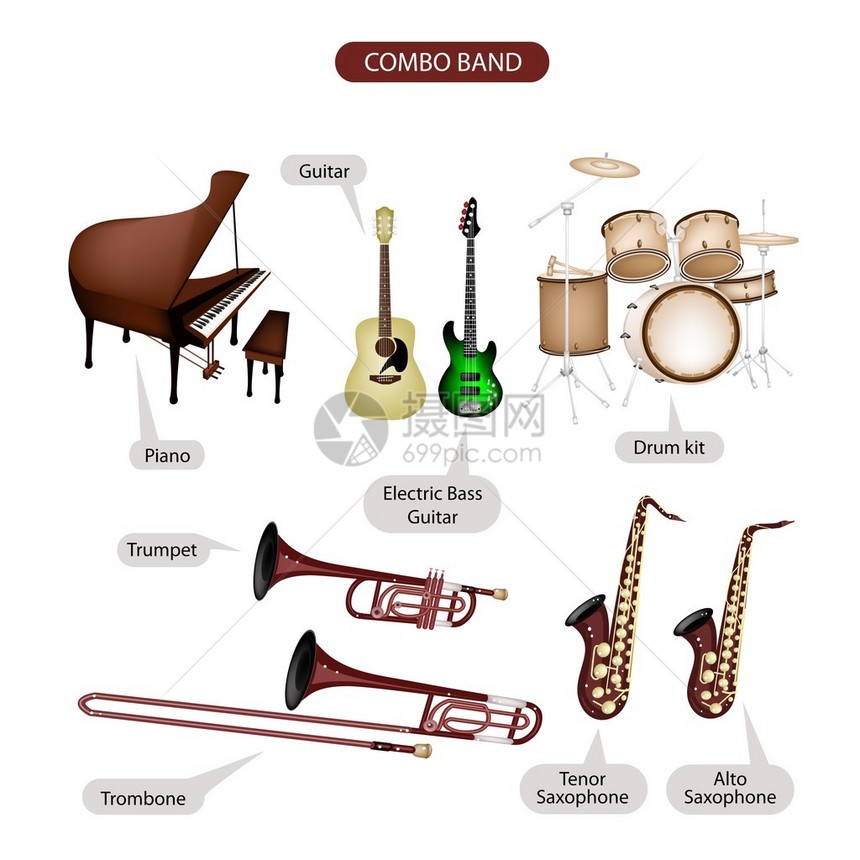 复古风格的乐器组合品牌钢琴吉他电贝司吉他架子鼓小号长号次中音萨克斯管和中音萨克斯管的图片