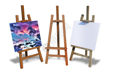 木画架上白色孤立绘画主题插图三个画架一个有油漆图片