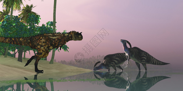 卡诺托鲁斯恐龙攻击了两只在白鲸时代食用水图片