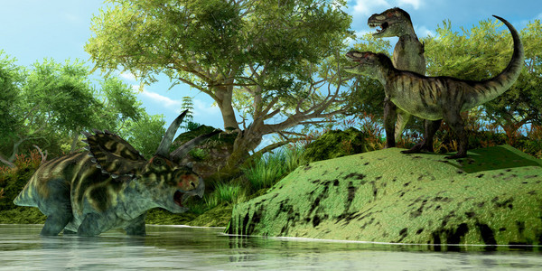 暴恐素材两只暴龙恐在Coahuulatratops恐龙利用水作为躲避攻击的避难所时插画