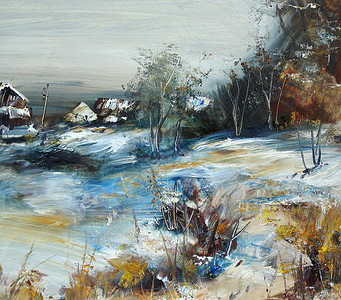 冬天的村庄油画插图图片