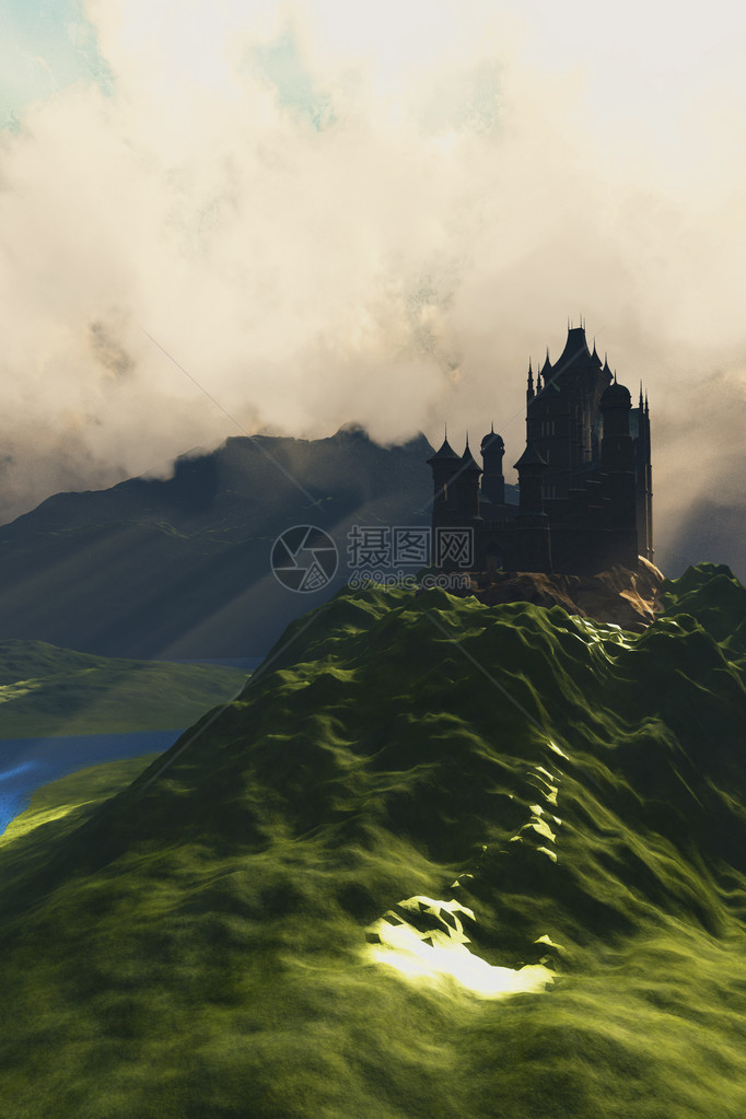阳光照在群山和河谷之间的城堡上图片