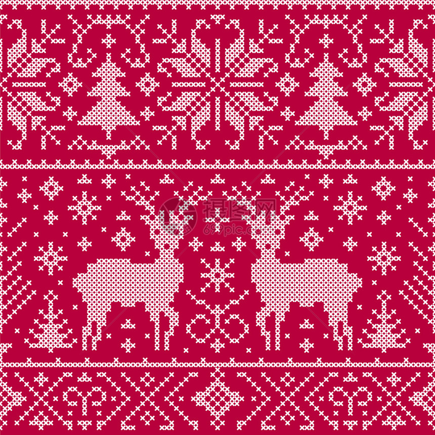 以鹿树和雪花说明圣诞节无缝模图片