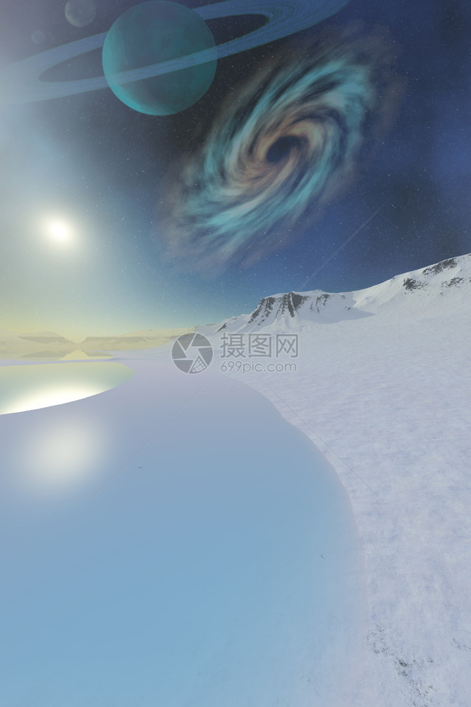 冰雪覆盖了一个外星世界环绕着一个环状行星月亮图片