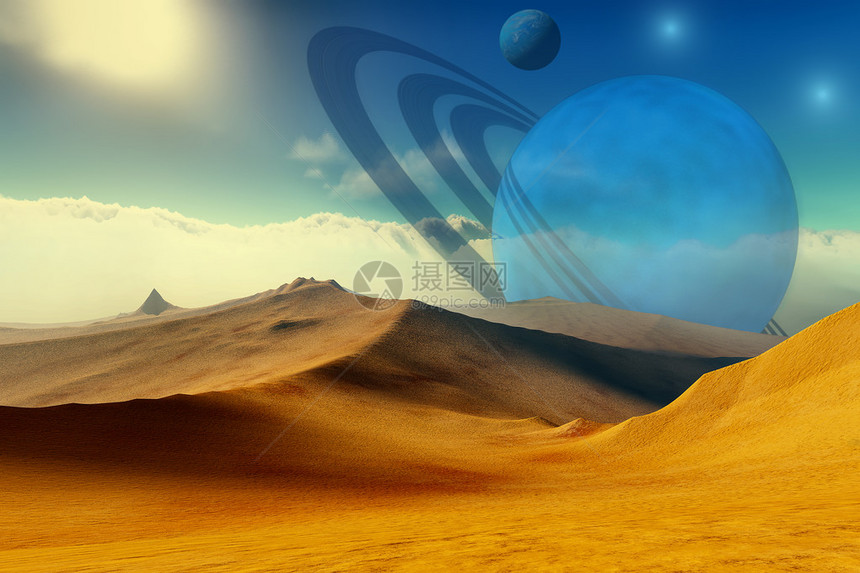 这个荒漠的外星人球环绕着一个环行星月球图片