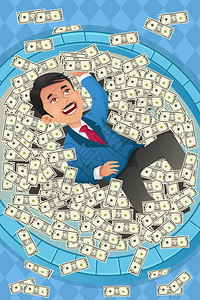 向量说明一个幸福的商人在钱池中游泳的金融概念图片