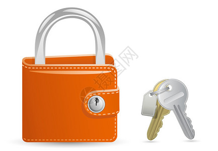 钱包钥匙现金安全概念锁着钱包钱包被锁在上还有一串插画