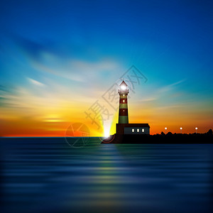 与日出和灯塔的抽象蓝色背景背景图片