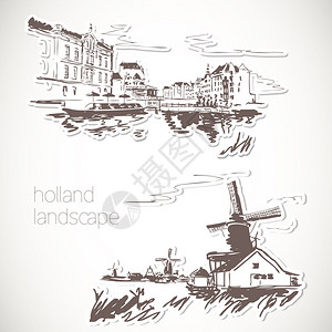 代尔夫特复古风格的荷兰手绘景观插画