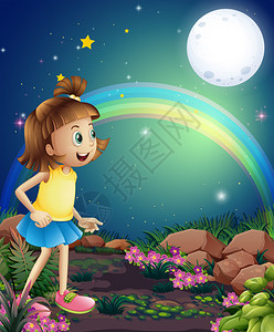 说明一个小孩对彩虹和满月的图片