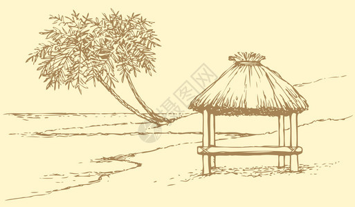 矢量海景海边平房附近的棕榈树图片