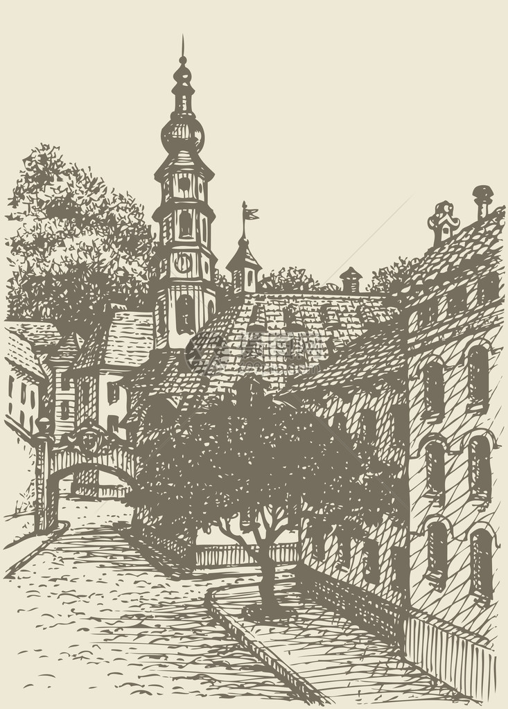 向量建筑景观一个旧欧洲城镇的街图片