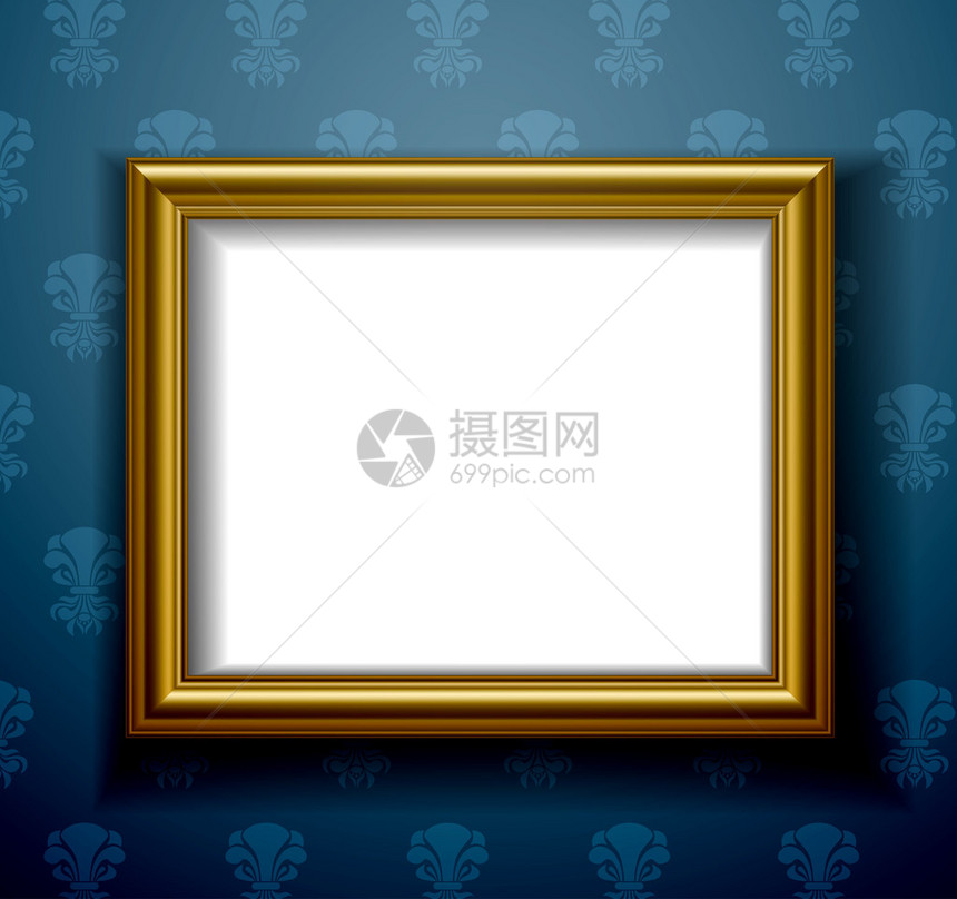 金图画框背景有蓝色墙的金图画框图片