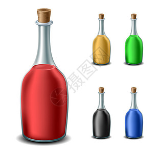 麦酒旧瓶装不同颜色的液体插画