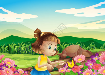 一个女孩在花园里抓蝴蝶的插图图片