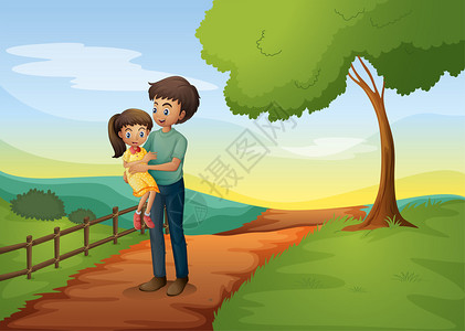 一位父亲在山上抱着女儿的插图图片