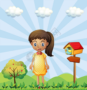 说明一个年轻女孩穿着黄色礼服站在花屋附近的情图片