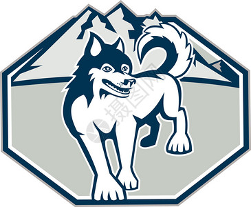 说明一辆西伯利亚Husky狗背着八角形背景的山峰图片