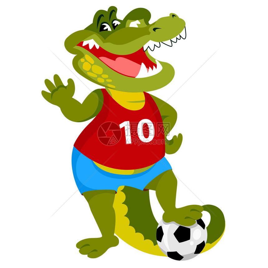 鳄鱼站在足球和微笑图片