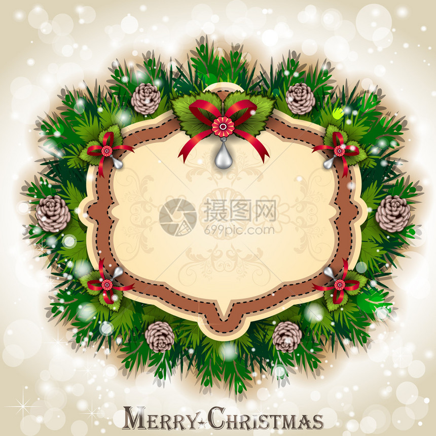 带有松树分支和装饰灯的标志圣诞标签图片