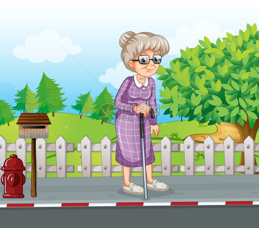 有个老妇人在街上手杖站在邮箱旁图片