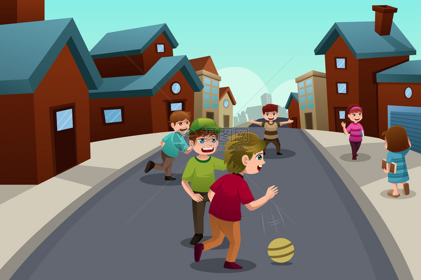 在郊区街上玩耍的快乐孩子的矢量插图图片