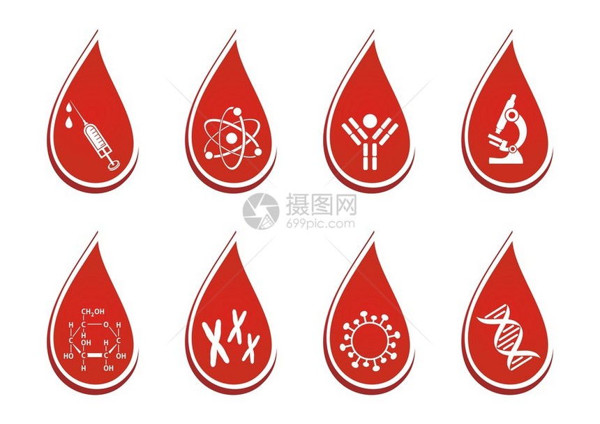 红色滴中的八个血液测试图标集图片