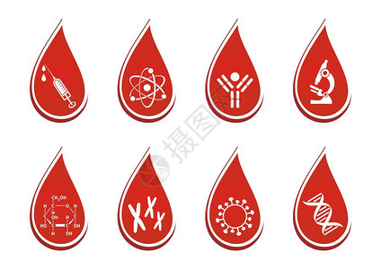 血清学红色滴中的八个血液测试图标集插画
