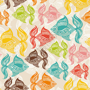佩西与彩色鱼的无缝模式矢量图插画