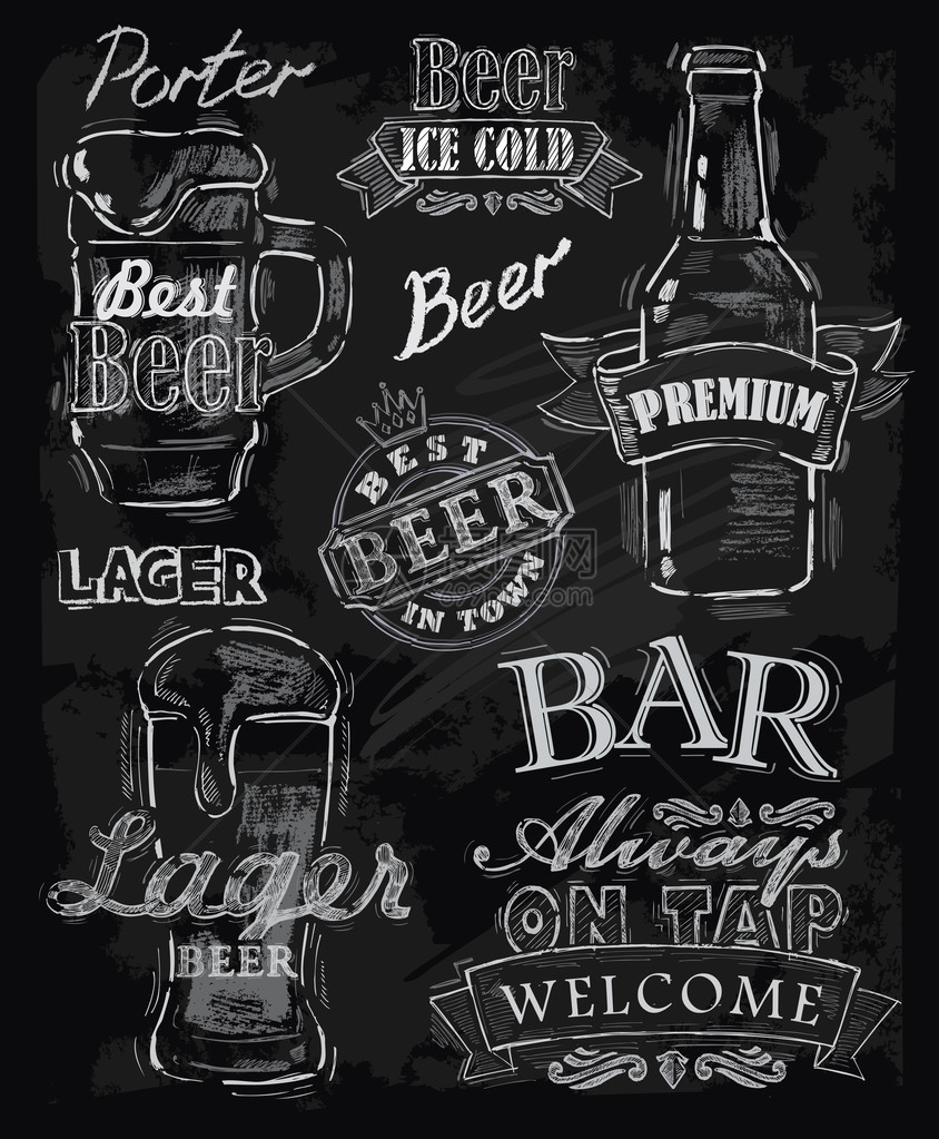 黑板背景上的矢量粉笔啤酒图片