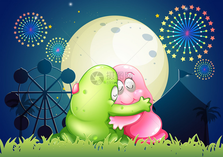 展示一个粉红色和绿色的怪物在游乐园前拥抱彼此的图片