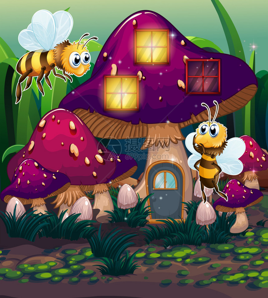 白色背景的魔法蘑菇屋附近蝇的插图图片