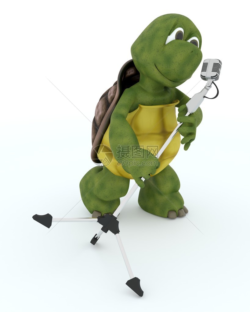 乌龟对着复古麦克风唱歌的3D渲染图片