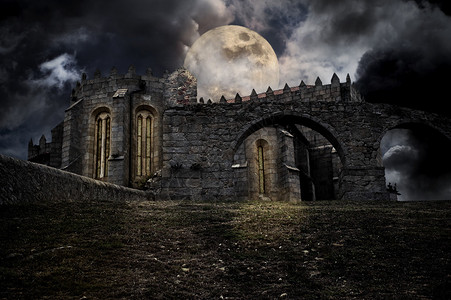城堡英亩修道院彩色中世纪万圣节月光和中世设计图片
