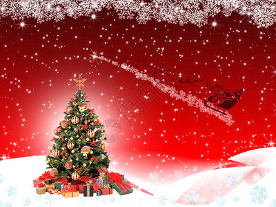 红色背景上的圣诞老人和圣诞树图片