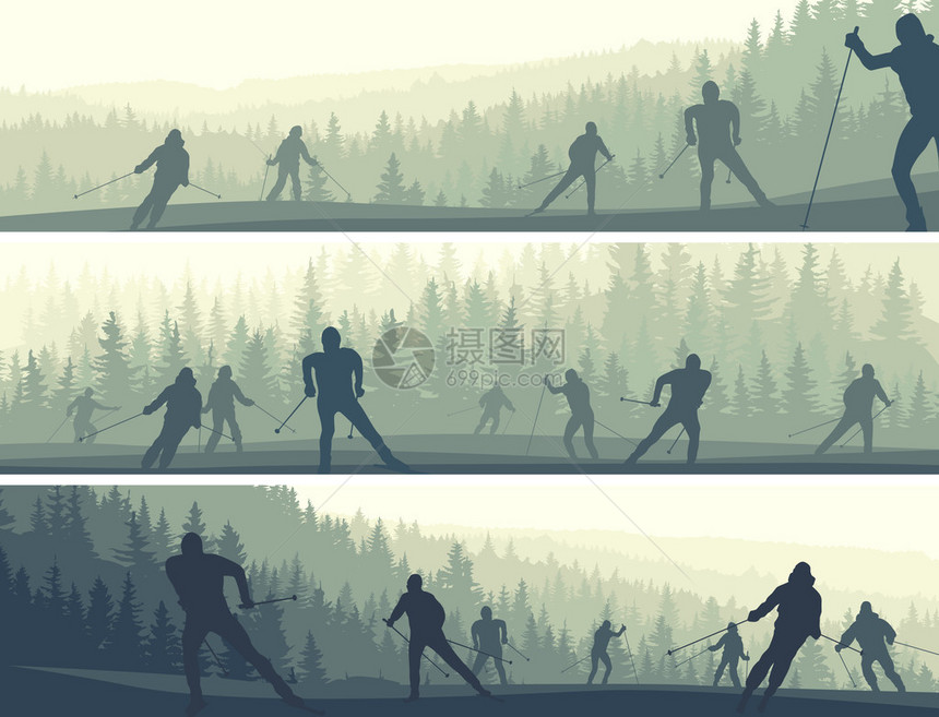 水平抽象横幅在迷雾的山上滑雪者图片