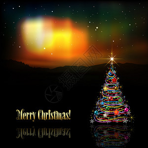 圣诞树和北极光的抽象庆祝背景与圣诞节背景图片