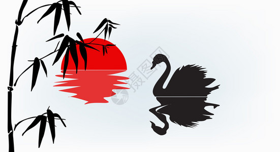 红色夕阳下的天鹅和竹子的插图背景图片