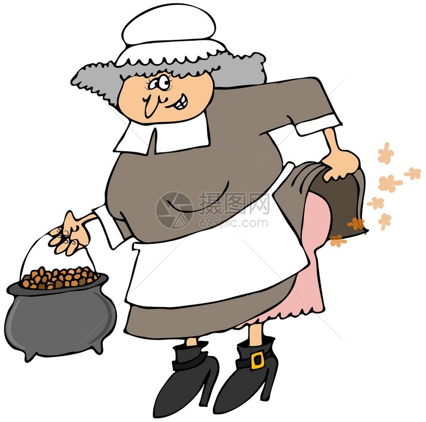这个插图描绘了一位女朝圣者携带一壶豆子图片
