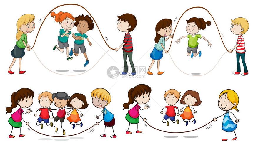 儿童在白色背景上玩跳绳游戏的插图图片