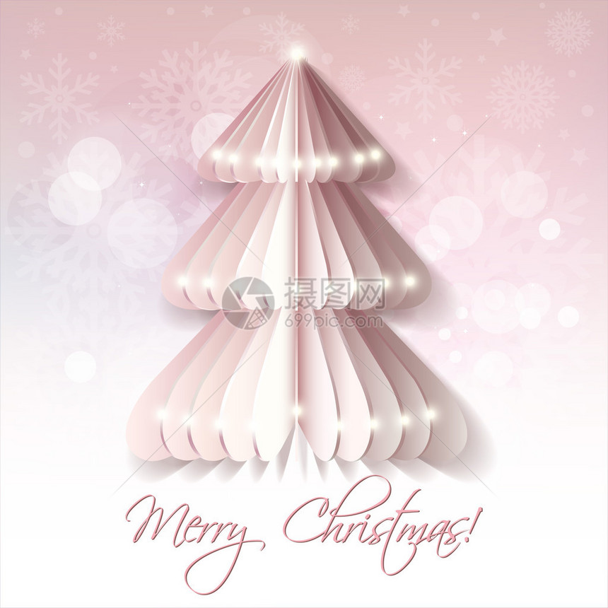 白色折纸圣诞树贺卡粉红色背景图片